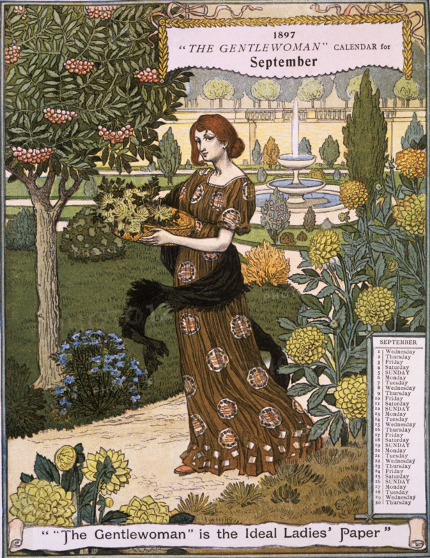 The Gentlewoman Calendar for September 1897. Describing itself as the 'ideal Ladies' paper', "The Gentlewoman" was an illustrated weekly journal published from 1890 until 1926.