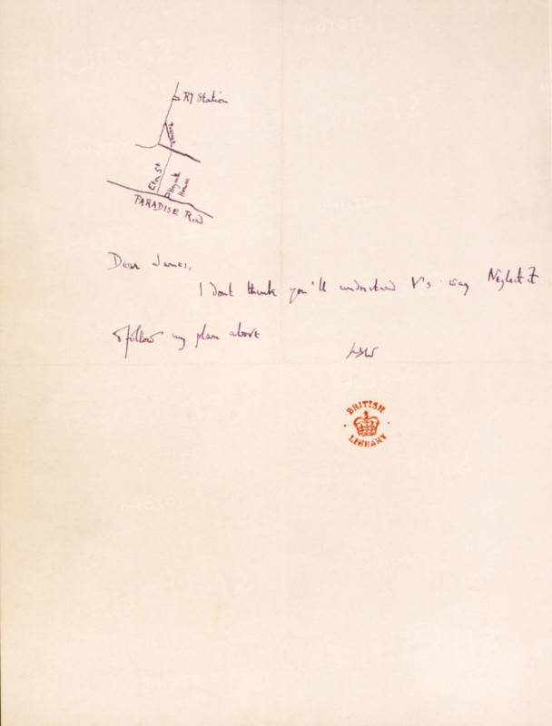Note to James Strachey from Leonard Woolf, c1915-c1924. Map and note to British psychoanalyst James Beaumont Strachey, from author and publisher Leonard Woolf. Leonard's wife, the novelist Virginia Woolf, had written with directions on how to get to their house, but Leonard advises Strachey to ignore these: 'Dear James, I don't think you'll understand V's way. Neglect it and follow my plan above. L. W.' James Strachey was the younger brother of Lytton Strachey, a member of the Bloomsbury Group, to which Virginia and Leonard also belonged.