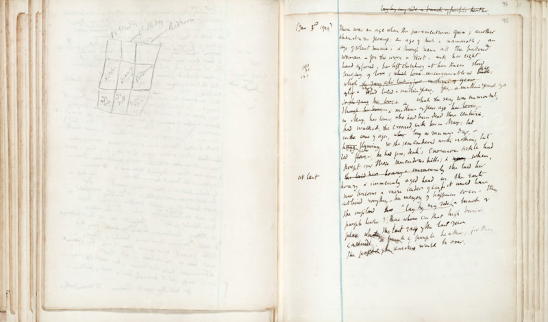 Draft notes of Virginia Woolf for her novel "Mrs Dalloway", 1925. 'There was an age when the pavement was green; another when it was swamp; an age of tusk & mammoth, an age of silent sunrise; and through them all the battered woman-for she wore a skirt-with her right hand exposed, her left clutching at her knees stood singing of love; [crossed out] love [crossed out] which [crossed out] had lasted a million years [crossed out] which she sang was immortal, & millions of years ago [crossed out] in May, her lover, who had been dead these centuries had walked, she crooned with her in May; but in the course of ages, long as summer days, and [crossed out] flaming, so she remembered, with nothing but red asters, he had gone; death's enormous sickle had swept over those tremendous hills; and when [crossed out] she laid her hoary & immensely aged head on the earth, now become a mere cinder of ice, for it would have outlived everything - her memory of happiness even - then she implored [crossed ...
