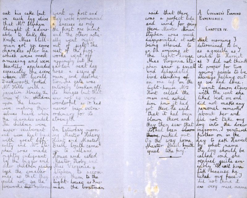 Hyde Park Gate News, family magazine produced by Virginia Woolf and Vanessa Bell, 1891-1892. Page of a magazine by Vanessa Stephen (afterwards Bell, painter) and her sister Adeline Virginia Stephen (afterwards Woolf, novelist). '...cut his cake but in such big slices that Mrs. Stephen thought it advisable to take the knife. Miss Stillman got up some charades after tea which were most amusing and were heartily applauded especially the scene where Mr. Gerald Duckworth poked Mr. Hills with a javelin. Already the cries of the children upon the lawn were making themselves heard when the charades ended. The children were super-exuberant...On Saturday morning Master Hilary Hunt and Master Basil Smith came up to Talland House and asked Master Thoby and Miss Virginia Stephen to accompany them to the light-house as Freeman the boatman said that there was a perfect tide and wind for going there. Master Adrian Stephen was much disappointed at not being allowed to go. On arriving at the light-house...