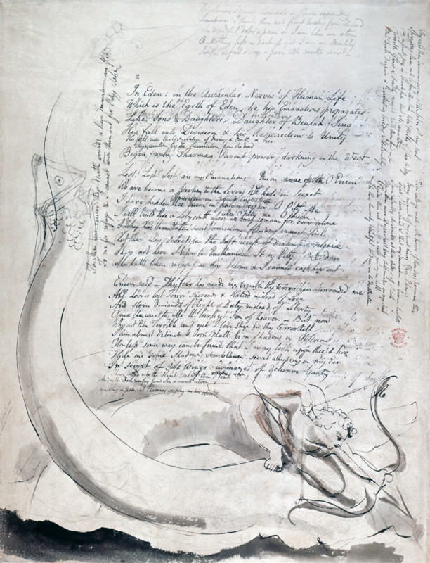 The illustrated poem 'The Four Zoas', by William Blake, c1797. "Vala, or The Four Zoas" is one of the uncompleted prophetic books by the English poet William Blake, begun in 1797. The eponymous main characters of the book are the Four Zoas: (Urthona, Urizen, Luvah and Tharmas), who were created by the fall of Albion in Blake's mythology. 'In Eden; in the Auricular Nerves of Human life...'.