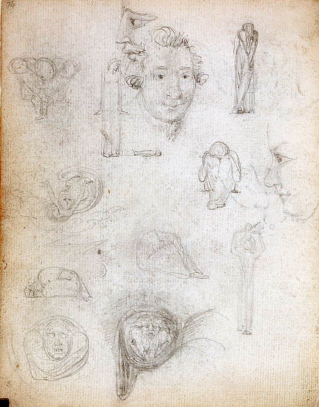 Alphabetic human forms,  c1787-1818. Page from a sketchbook.  Drawing adopted for the poem 'Holy Thurdsay', in "Songs of Experience", just to the left of a portrait drawing of Tom Paine. With drawings used for the poem 'My Pretty Rose Tree' and the frontispiece lower right and middle. From the Manuscript Notebook, William Blake's preparatory drawings for his collection of poems, "Songs of Innocence and of Experience".