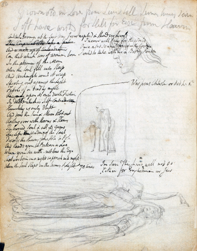 Emblem 33; youth leading age, c1787-1818. Page from a sketchbook. Pencil drawing adopted for the poem 'London', in "'Songs of Experience", with sketch below used for the large colour print 'Elohim creating Adam'. From the Manuscript Notebook, William Blake's preparatory drawings for his collection of poems, "Songs of Innocence and of Experience", produced using 'illuminated printing' - image and text together, with the text engraved rather than printed.