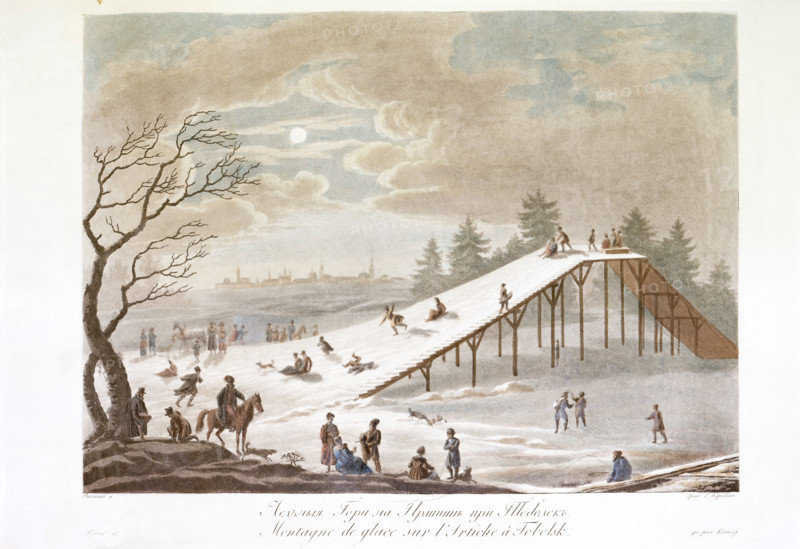 Montagne de glace sur l'Irtiche à Tobolsk, c1811-c1813. Winter scene in Russia: people tobogganing down the 'ice mountain' on the Irtysh River at Tobolsk.