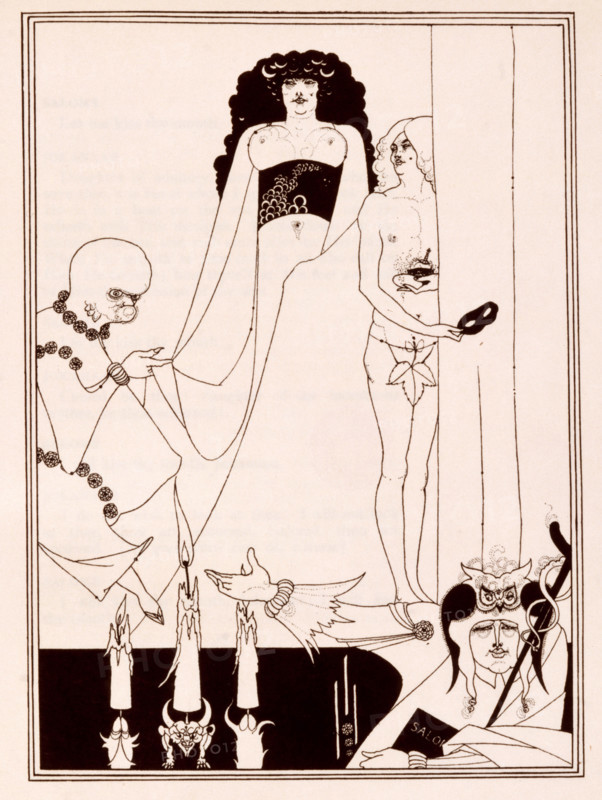 Enter Herodias, 1907. Illustration from "Salome. A tragedy in one act: translated from the French [by Lord Alfred Douglas]... with sixteen drawings by Aubrey Beardsley". Salome was a one-act tragedy by Oscar Wilde, first published in French in 1893. The most familiar English translation is by Douglas, extensively revised by Wilde, and originally published in 1894. [New York, 1907].