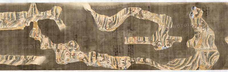 Gold and silver mining, Japan, c1810. An illustration of the gold mines on Sado Island. Miners use buckets and pulleys to bail out water. From "Kinginzan Shikinaioka Kasegikata No Zu" ("Illustrations Of Working Methods In Gold And Silver Mines"), a series of three manuscript scrolls showing mining operations on Sado Island. (Japan, c1810).