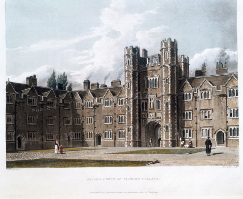 Second Court of St John's College, Cambridge University, Cambridgeshire, 1814. The poet, William Wordsworth, graduated from this college in 1791. The college was established by a in 1511.