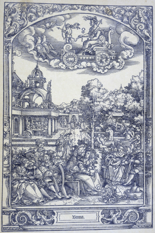 The planet Venus and lovers, c1535. Venus, personification of love and pleasure, rides across the sky, holding the blindfold Cupid who aims an arrow at a winged heart. Below are lovers, relaxing in a garden, who come under her sphere of planetary influence. Some play music, read books, or stroll in the grounds, while others bathe naked in a pool. A favourite motif among medieval and Renaissance illustrators were the areas of life thought to be under the special control of each planet.