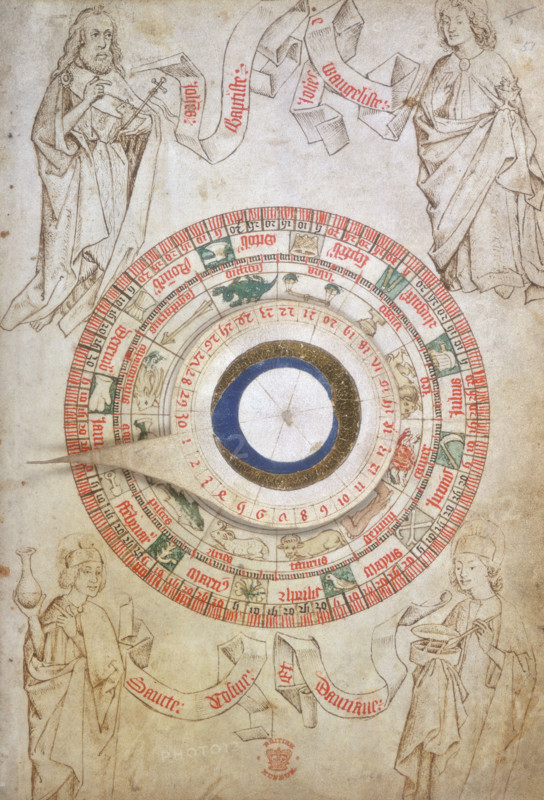 Circular zodiacal lunar scheme, 1486. Illustration from a surgeon's manual showing an adjustable horoscope-dial to set the position of the Sun. The medieval practice of astrological medicine decreed that the dominant influence on the balance of the four humours came from the heavens, and activities such as bleeding must not be undertaken unless the planets were in favourable positions. This dial would have calculated whether it was safe to carry out medical procedures according to the position of the planets. Additions made before 1768. From the Guild Book of the Barber Surgeons.