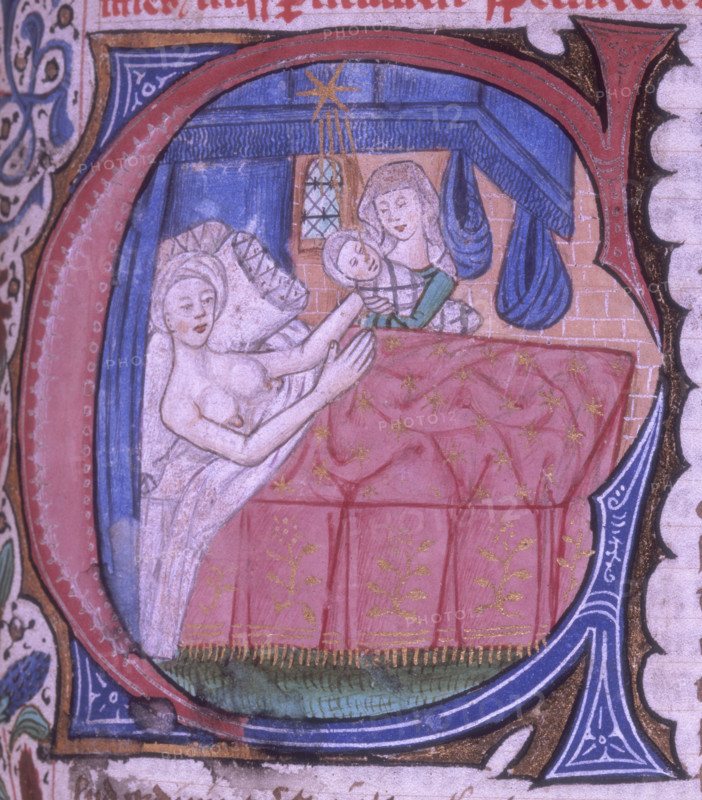 Birth scene, 1490. Historiated initial 'C'(um): a midwife presenting the newborn to the mother, who rests in bed. A star shining into a birth-chamber sheds its influence on the new-born child. Beginning of the Tractatus de nativitatibus. From Liber Astronomiae.