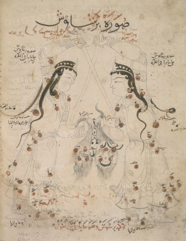 Bearer of the demon's head, 10th century. A Persian representation of the constellation Perseus, who holds the head of Medusa, in accordance with the mythological legend. It is depicted in double aspect in order to show it as seen from the earth and reversed as on a star-globe. From the star catalogue of the Persian astronomer Al-Sufi.