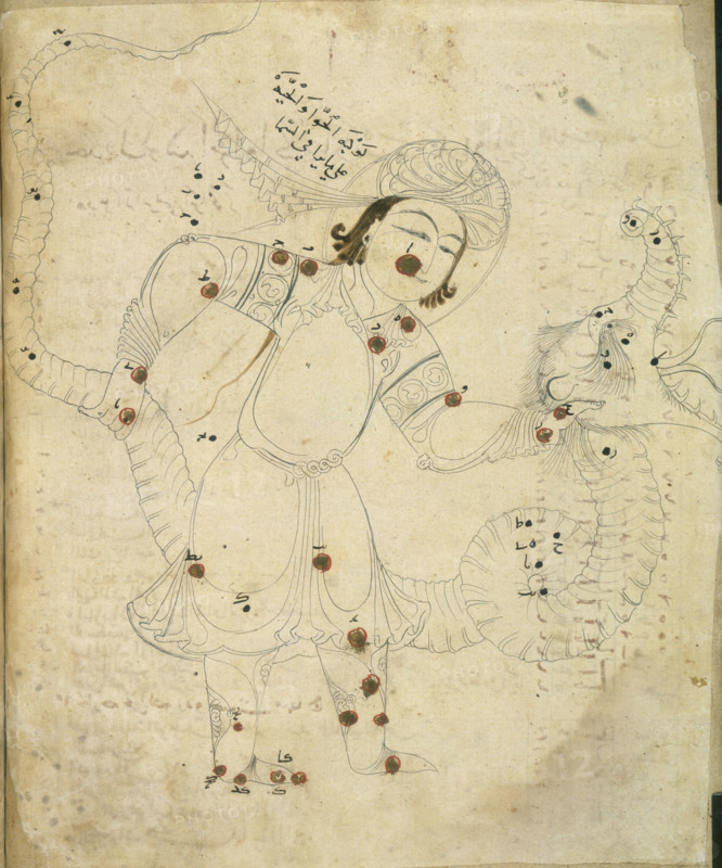 The snake charmer, 10th century. A Persian representaion of the constellation Ophiuchus, otherwise known as the serpent holder. From the star catalogue of the Persian astronomer Al-Sufi.