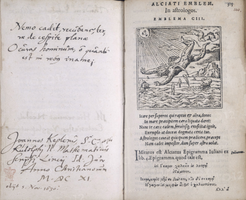 The fall of Icarus, 1573. Icarus has flown too near to the sun, the heat of which has destroyed his feather wings. He is plunging into the sea. It is an illustration to the poem 'In Astrologos' which is found in "Emblemata Liber" (The Book of Emblems). Opposite this is the autograph of the astronomer Johannes Kepler.  Typically, an emblem book would comprise pages of a title, a picture, and a short poem that explained the allegorical meaning of the image named in the title and shown in the picture.