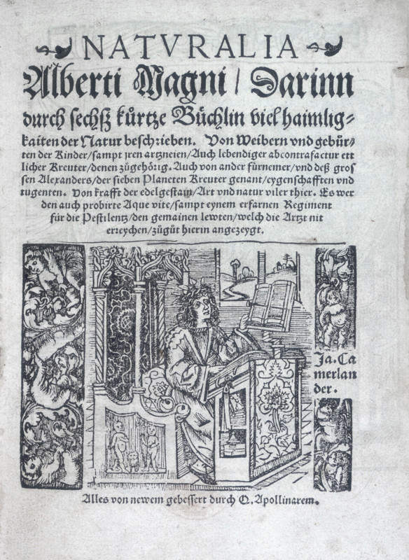 The title page of "Naturalia", 1548. The author Albertus Magnus (1200-1280) sits writing at his desk. Magnus, also known as Saint Albert the Great, was a Dominican friar, philosopher, astrologer, astronomer scholar and scientist who placed great importance in astrology within his system of nature. He believed that the four elements - earth, air, fire and water - of which everything is made up of, were generated by the movements of the stars and planets. 'darinn durch sechtz kürtze Büchlin viel Haimligkaiten der Natur beschreiben' in which many wonderful things in nature are described in six short books). Edited by Walther Hermann Ryff. Strassburg: Jacob Cammerlander, (1548).