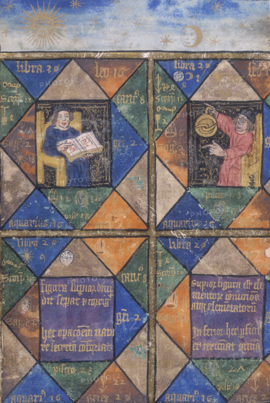 Alchemists at work, 15th century. An alchemist consulting a chart, and conducting an experiment. Alchemists believed that their experiments must be conducted at astrologically favourable times because the earthly elements which they were manipulating were in fact embodiments of planetary qualities.