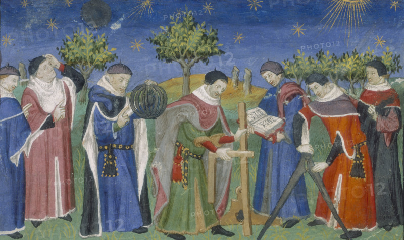 Medieval astrologers and surveyors at work, 15th century. The men are said to be Egyptians, repeating the classical and medieval belief that the mathematical sciences, including astrology, were discovered by the Egyptians.