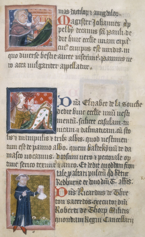 Benefactors to St Albans Abbey, 1380. Depicted here are John Appleby, a Dean of St Paul's; Elizabeth de la Zouche; and Richard de Threton, a priest, holding a purse or bag of money. From the "Golden Book of St Albans", compiled in 1380, listing gifts made to St Albans Abbey and giving portraits of each of the abbey's benefactors.