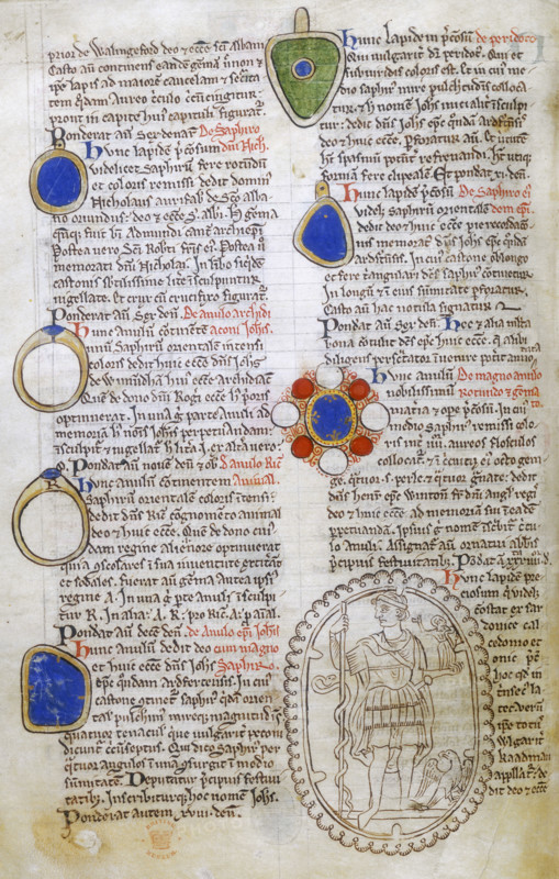 Description of the Jewels of St Albans, c 1250-1254. Text with sketches of gemstones and rings in the treasury at St Albans Abbey. Matthew Paris was one of the most prolific and readable of Medieval chroniclers. This is part of his illustrated description of the jewels in the treasury of St Albans Abbey, contained in "Liber Additamentorum" (Book of Additions), an appendix to his main work, the "Greater Chronicle".