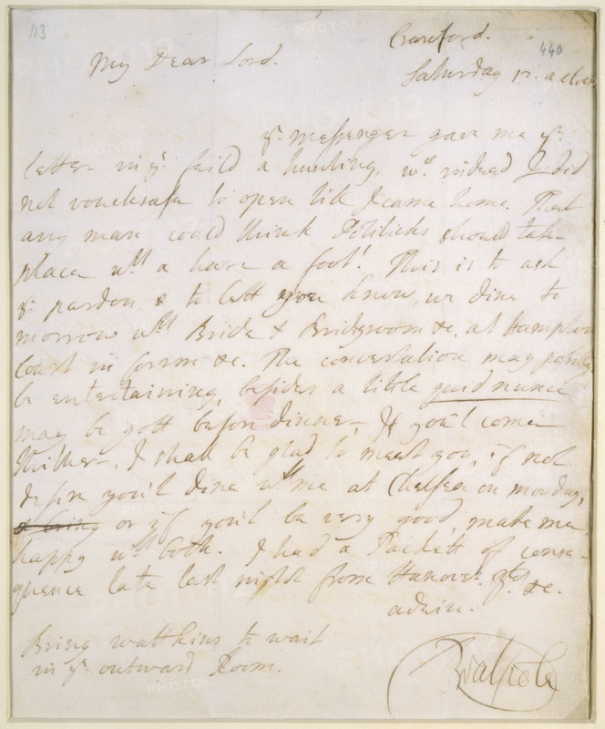Letter written by Sir Robert Walpole, c1720s. This letter from Walpole was written to his associate Thomas Pelham-Holles, 1st Duke of Newcastle. [Cranford?], Saturday 13 [illegible] 'My Dear Lord, Yr messenger gave me Yr letter in the feild a hunting,  wch indeed I did not vouchsafe to open till I came home. That any man could think Politicks should take place wth a hare a foot! This is to ask yr. pardon & to lett you know, we dine to morrow [with?] Bride & Bridegroom etc. at Hampton Court in [illegible]. The conversation may possibly be entertaining, besides a little guidance may be gott before dinner. If you'l come thither, I shall be glad to meet you, if not [illegible] you'l dine w. me at Chelsea on Monday, or if you'l be very good, make me happy w. both. I had a Packett of consequence late last night from Hanover &c [illegible] Bring Wattkins to wait in the outward Room'. The 'Bride & Bridegroom' he refers to may possibly have been William IV, Prince of Orange, and Anne, Princess ...