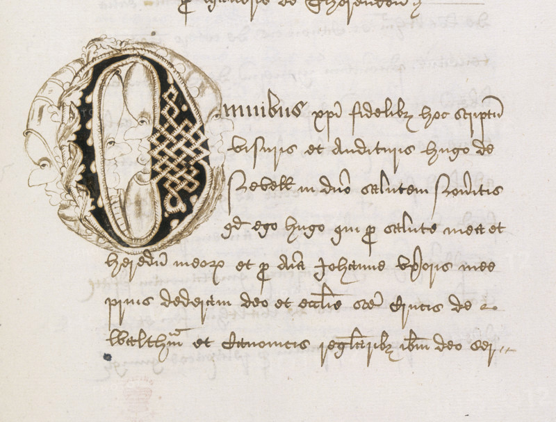 Initial from a register of deeds, early 16th-century. Decorative letter 'O' with grotesque faces, leaf design and lattice pattern. From deeds and other documents of Waltham Abbey in Essex.