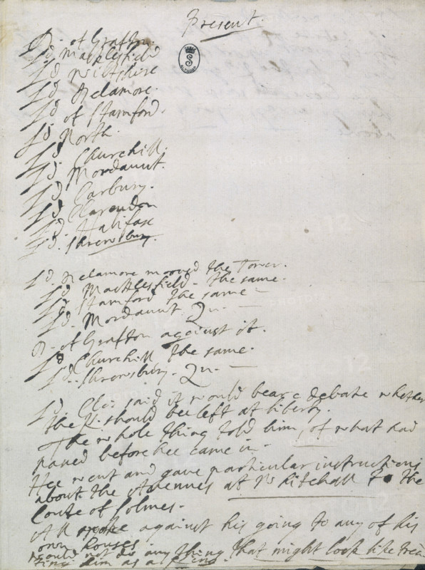 Notes to a meeting about the fate of James II, 1688. Following William of Orange's invasion of England in 1688 at the invitation of a group leading Englishmen opposed to James II's pro-catholic policies, a meeting of peers was held at Windsor to decide how James should be dealt with. George Savile, Marquess of Halifax, presided over the meeting and these are his notes of its deliberations. Some Lords wanted to send James to the Tower and Halifax notes at the foot of this page, 'All spoke against his going to any of his own houses. Would not do anything that might look like treating him as a King'. James was eventually allowed to escape to France.
