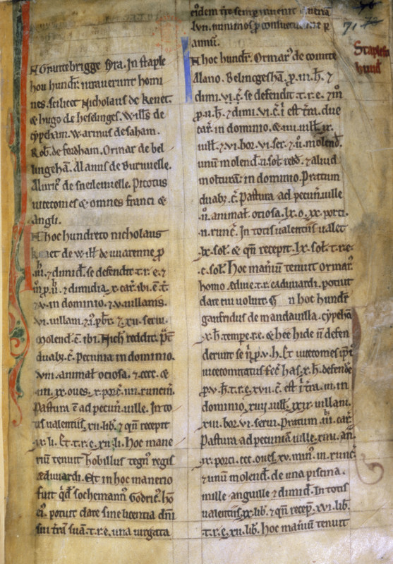 Transcript of notes to the Domesday Book, 12th century. Later transcript of the 'Inquest of the Country of Cambridge', notes compiled in the course of the famous survey of England made in 1086. The findings of this elaborate survey made at the command of William the Conqueror are summarised in the Domesday Book. The Cambridge Inquest was based on notes taken during the hearings of the commissioners who made the survey and contains information omitted from the Domesday Book.