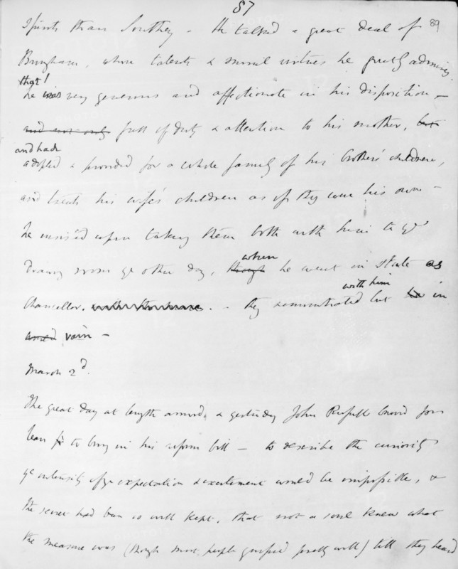 Excerpt from the diary of Charles Greville, 1831. This entry, for 2nd March 1831, from the famous political diary of Charles Greville, describes the introduction in the House of Commons on the previous day of the unsuccessful first bill of Lord Grey's government for parliamentary reform. ' March 2d. To describe the curiosity the intensity of the expectation & excitement would be impossible,' writes Greville, '& the secret had been so well kept, that not a soul knew what the measure was (though most people guessed pretty well) till they heard (it)'.