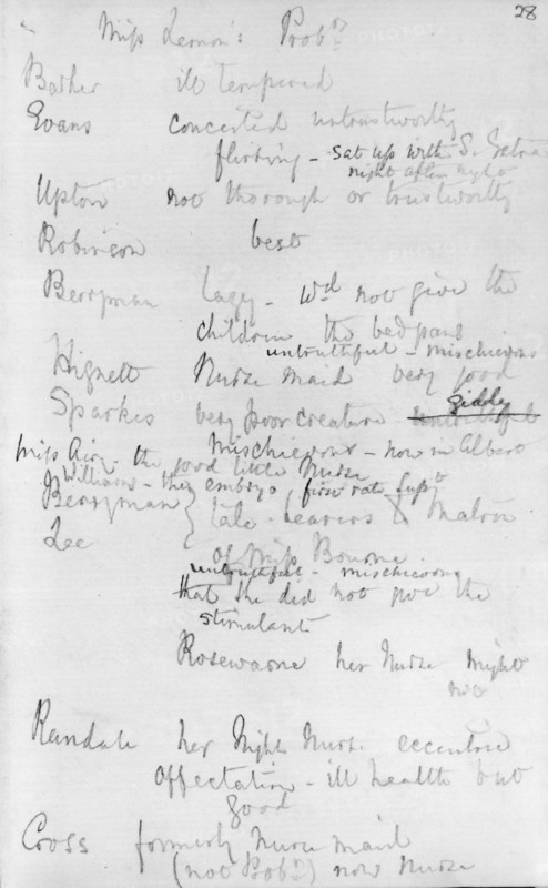Notes made by Florence Nightingale, 1873. Notes on a group of probationary nurses at the nursing school at St Thomas's Hospital in London. She records that Nurse Bather (or Barker) was 'ill tempered', Nurse Evans 'conceited untrustworthy flirting - sat up with S. [?] night after night' and Nurse Upton 'not thorough or trustworthy'. Nurse Robinson was 'best' but Nurse Berryman was 'lazy - wd not give the children the bedpans. Untruthful - mischievous'. The school for nurses based on Florence Nightingale's principles was established at St Thomas's in 1860 using money from a fund established in recognition of her services in the Crimea.