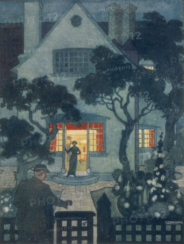 Home, 1913. A husband, back from work, is about to open the gate, while his wife stands in the doorway to welcome him. A traditional view of the family where the wife is expected to stay at home and wait on the bread-winning husband. From "The Art and Craft of Home-Making, with an appendix of 200 household recipes, by Edward W. Gregory. Illustrated by a hundred pen-and-ink drawings by the author & thirty photographs". (Thomas Murby & Co, 1913).
