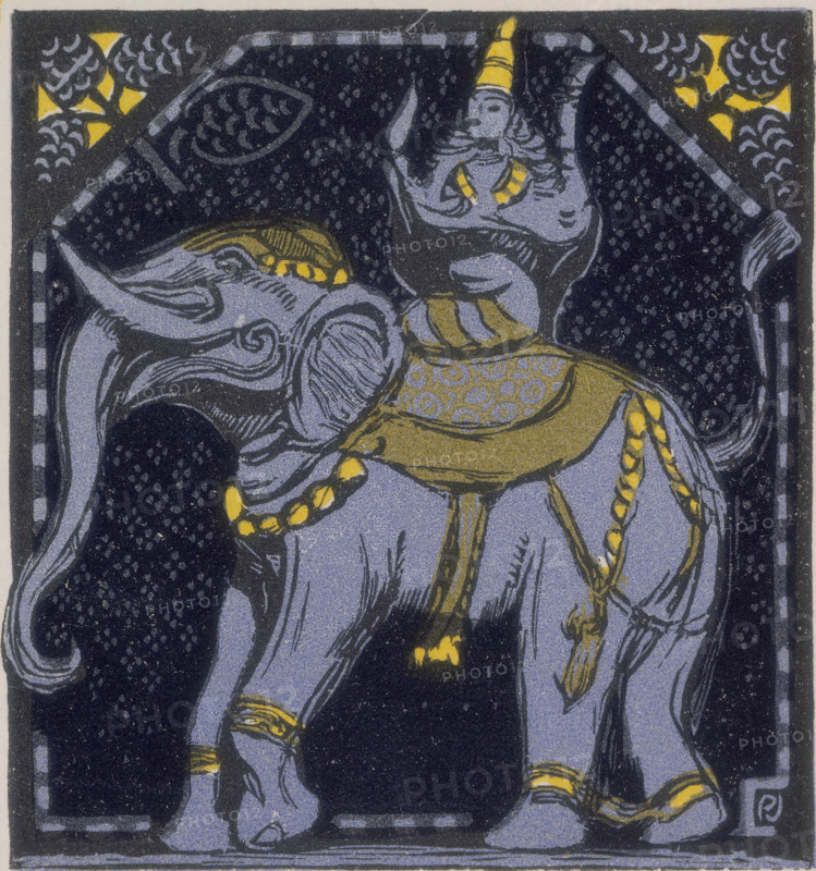 Elephant and rider; scene from "The Jungle Book", 1919. From a French translation of "The Jungle Book" by Rudyard Kipling.