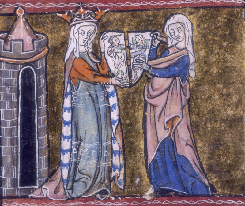 Guinevere with the cleft shield, c1316. Queen Guinevere and another woman holding two halves of a shield. From Le Livre de Lancelot del Lac.