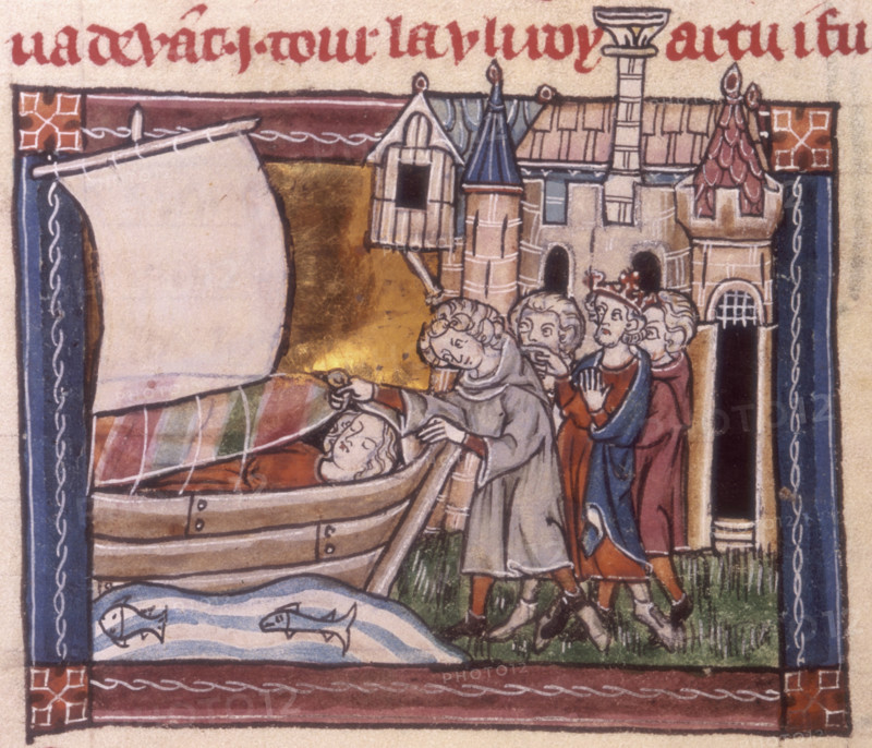 Arthur and his knights finding the dead body of Elaine, c1316. Miniature depicting King Arthur and his knights finding a barge containing the dead body of Elaine, Maid of Astolat, who died because she loved the best but cruellest knight in the world. Elaine of Astalot, also known as the Lady of Shalott, died of grief when Lancelot failed to return her love. From La Mort le Roi Artus.