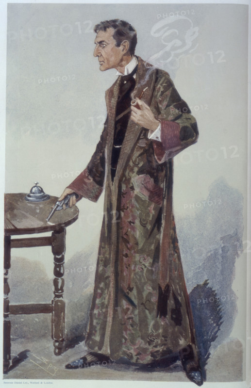 Sherlock Holmes holding a pipe and revolver, late 19th-early 20th century. Holmes with his trademark pipe, stands holding a gun, wearing a dressing gown.  The famous fictional detective was invented by Arthur Conan Doyle.
