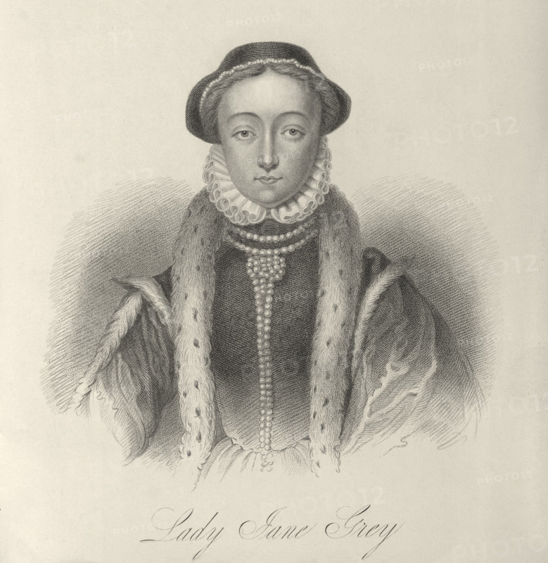 Lady Jane Grey, c1553, (1834-1837). Lady Jane (1537-1554) was the great-granddaughter of Henry VII and titular queen of England for nine days in 1553. Beautiful and intelligent, at the age of 15 she reluctantly allowed herself to be put on the throne by unscrupulous politicians; her subsequent execution by Mary Tudor aroused universal sympathy. Plate 3 from "Lives of Eminent and Illustrious Englishmen, from Alfred the Great to the Latest Times", Vol 1. [Glasgow & Edinburgh, 1834-37]