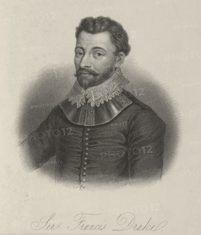 Sir Francis Drake, c1580, (1834-1837) .Sir Francis Drake (c1540-1596, Elizabethan sea captain, privateer, slave trader, naval officer and explorer, died of dysentery in January 1596. Plate 1 from "Lives of Eminent and Illustrious Englishmen, from Alfred the Great to the Latest Times", Vol 2. [Glasgow & Edinburgh, 1834-37]