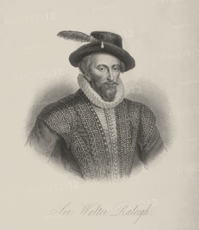 Sir Walter Raleigh, c1600, (1834-1837). Raleigh (c1552-1618) English gentleman, writer, poet, soldier, politician, Elizabethan courtier, spy and explorer instrumental in colonisation of North America. He popularised tobacco and was executed in 1618 for violating the 1604 peace treaty with Spain. Plate 4 from "Lives of Eminent and Illustrious Englishmen, from Alfred the Great to the Latest Times", Vol 2 . [Glasgow & Edinburgh, 1834-37]