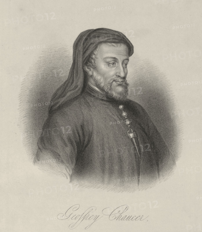 Geoffrey Chaucer, c1380-c1400, (1834-1837). Chaucer (c1343-1400) English author, poet, philosopher, bureaucrat, and diplomat. Author of "The Canterbury Tales". Plate 5 from "Lives of Eminent and Illustrious Englishmen, from Alfred the Great to the Latest Times", Vol 2. [Glasgow & Edinburgh, 1834-37]