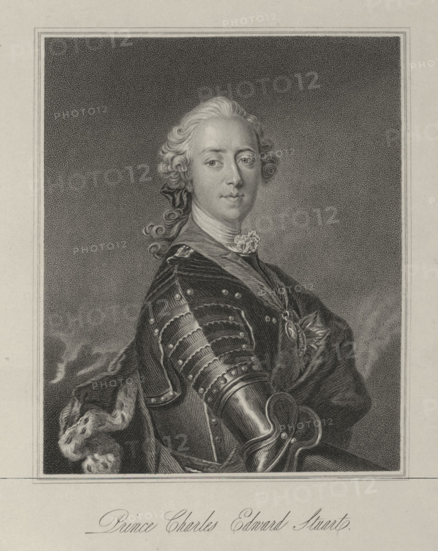 Prince Charles Edward Stuart, c1735-c1760, (1834-1837). Also known as Bonnie Prince Charlie (1720-1788), he was the last serious Stuart claimant to the British throne and leader of the unsuccessful Jacobite rebellion of 1745-46. Charles's grandfather was the exiled Roman Catholic king James II, and his father, James Edward, the Old Pretender, affected in exile the title King James III. Charles was reared a Catholic and trained in the arts of war. Plate 5 from "Lives of Eminent and Illustrious Englishmen, from Alfred the Great to the Latest Times", Vol 4. [Glasgow & Edinburgh, 1834-37]