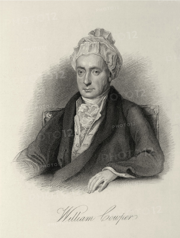 William Cowper, c1780-c1800, (1834-1837). Cowper (1731-1800) was one of the most widely read English poets of his day, whose most characteristic work, as in "The Task" or the melodious short lyric "The Poplar Trees" brought a new directness to 18th century nature poetry. Plate 1 from "Lives of Eminent and Illustrious Englishmen, from Alfred the Great to the Latest Times", Vol 6. [Glasgow & Edinburgh, 1834-37]