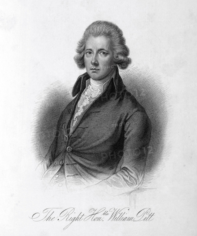 The Right Honble. William Pitt, c1780-c1800, (1834-1837). (Pitt 1759-1806) was British prime minister (1783-1801, 1804-06) during the French Revolutionary and Napoleonic wars. He had considerable influence in strengthening the office of the prime minister. Plate 1 from "Lives of Eminent and Illustrious Englishmen, from Alfred the Great to the Latest Times", Vol 7. [Glasgow & Edinburgh, 1834-37]