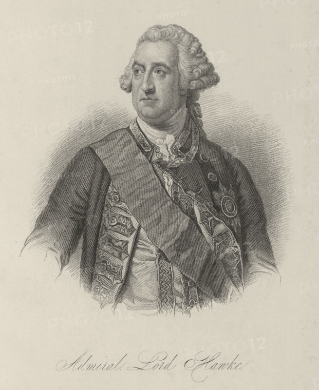 Admiral Lord Hawke, c1759, (1834-1837). British admiral whose naval victory in 1759 put an end to French plans to invade Great Britain during the Seven Years' War (1756-63). Plate 3 from "Lives of Eminent and Illustrious Englishmen, from Alfred the Great to the Latest Times", Vol 8. [Glasgow & Edinburgh, 1834-37]
