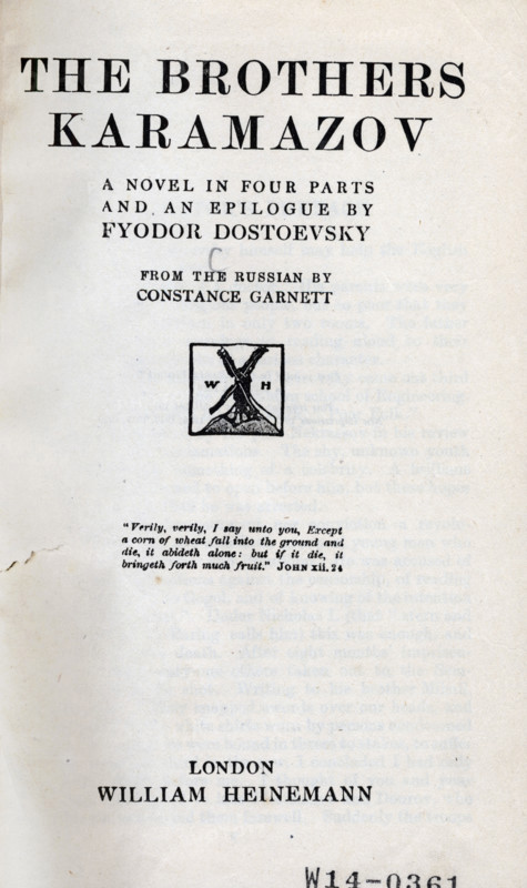 Title page from "The Brothers Karamazov" by Fyodor Dostoevsky, 1920. English translation by Constance Garnett. [London, 1920].
