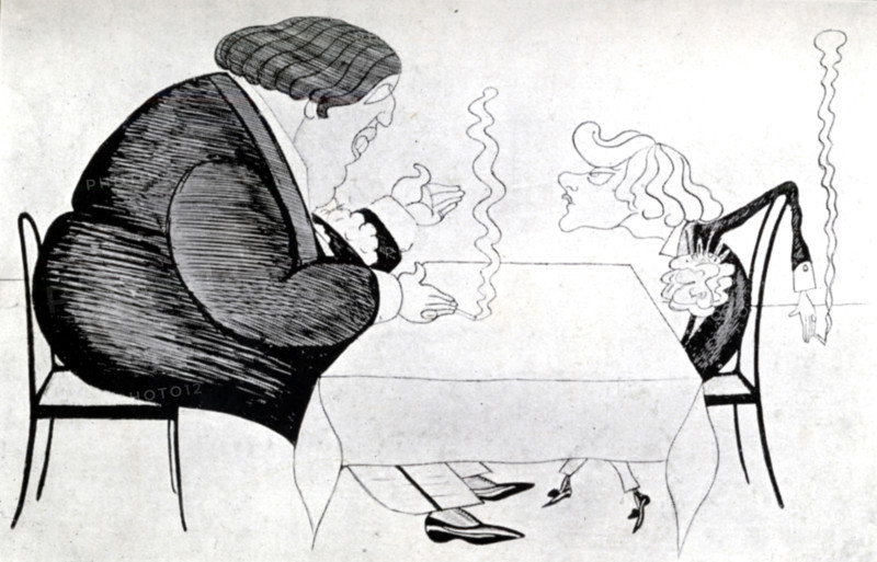 Caricature of Oscar Wilde and Lord Alfred Douglas, 1914. The relationship between Irish playwright and author Wilde (1854-1900) and his younger lover, poet and journalist Lord Alfred Douglas (1870-1945), was the subject of a scandal and court case. Wilde was sent to prison for 'sodomy', and Douglas converted to Catholicism. From "Oscar Wilde and Myself" by Lord Alfred Douglas. [London, 1914].
