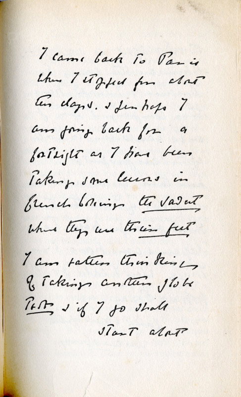 Letter to Lord Alfred Douglas from his father Lord Queensberry, c1890s. '...I came back to Paris where I stopped for about ten days. [& perhaps?] I am going back for a fortnight as I have been taking some lessons in French [?] where [?] I am rather thinking of taking another [?] test & if I do so shall start about...'. Douglas's father, the Marquess of Queensberry, abhorred his son's relationship with Irish poet and playwright Oscar Wilde, and set out to humiliate Wilde, publicly accusing him of homosexuality. Wilde sued Queensberry for criminal libel, but some intimate notes were found and Wilde was later imprisoned, and died in 1900. From "Oscar Wilde and Myself" by Lord Alfred Douglas. [London, 1914].