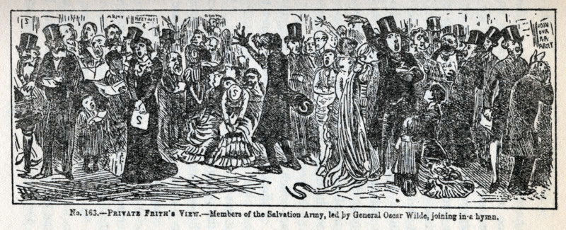 'Private Frith's View' - Members of the Salvation Army, led by General Oscar Wilde, joining in a hymn,1881. Satire of 'A Private View at the Royal Academy, 1881', a painting by William Powell Frith. Wilde, singing loudly and gesticulating, is admired by kneeling children. From 'The life of Oscar Wilde' by Robert Harborough Sherard. [1906]