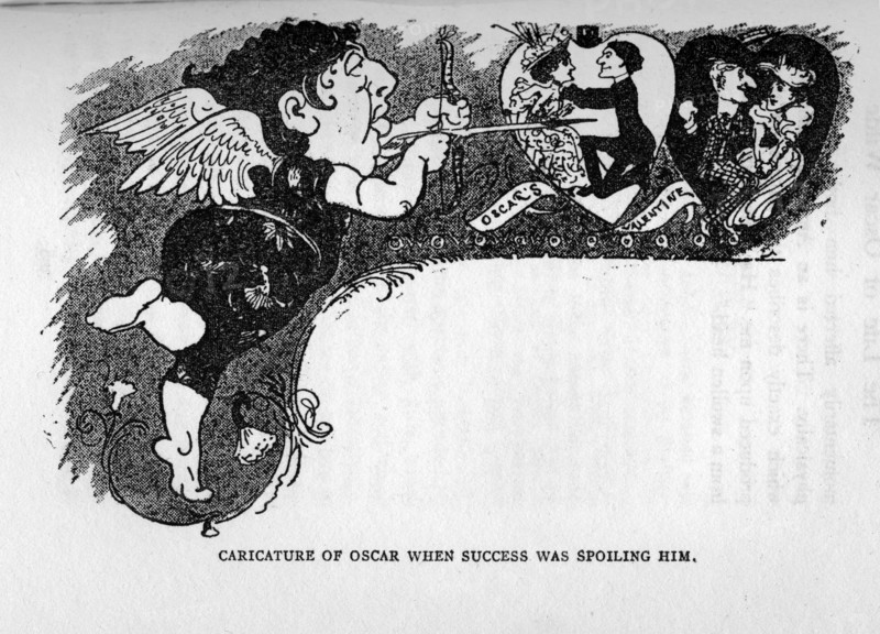 Caricature of Oscar when success was spoiling him, late 19th century. 'Oscar's Valentine'. Satirical cartoon depicting Irish poet and playwright Oscar Wilde as Cupid, shooting an arrow towards two courting couples. From 'The life of Oscar Wilde' by Robert Harborough Sherard. [1906].