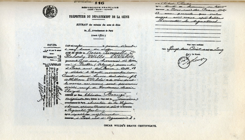 Oscar Wilde's death certificate, 1900. 'Préfecture du Département de la Seine' (Prefecture of the Seine Department), Paris. Irish playwright and author Oscar Wilde (1854-1900) was sent to prison for 'sodomy', and served two years of hard labour. He died in Paris three years after leaving prison. From 'The life of Oscar Wilde' by Robert Harborough Sherard. [1906].