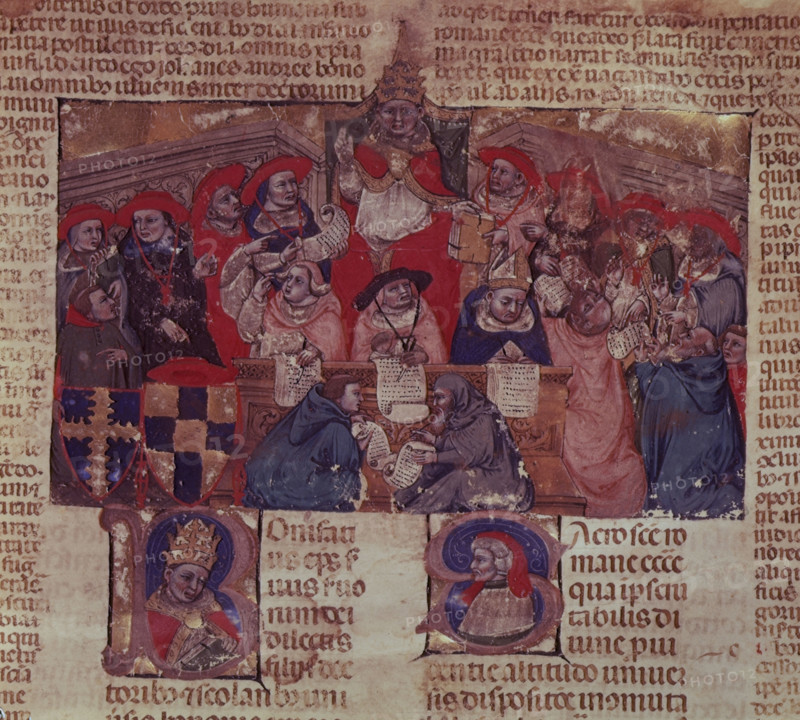 Pope Boniface VIII and the sacred college, 1328. Miniature depicting the papal court under Pope Boniface VIII (in office 1294-1303). "...Boniface consulting his cardinals, who assisted him in the governance of the Church and advised him on matters of faith and discipline. Scribes of the papal chancery (the office responsible for the production of official documents) are shown recording the proceedings." From Bonifacii VIII Decretalium liber sextus (sixth book of the Decretals of Pope Boniface VIII). [1328].