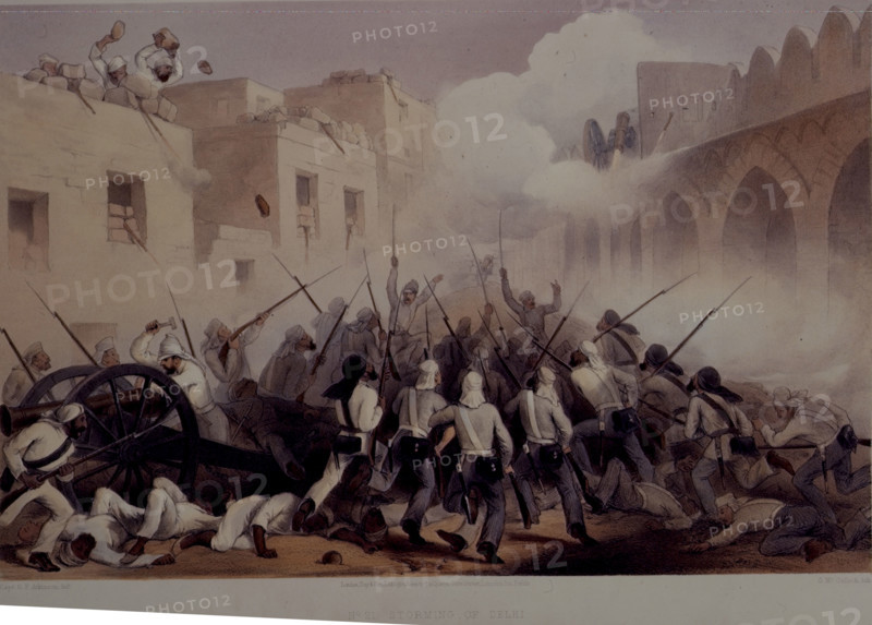 Storming of Delhi, 1859. George Francklin Atkinson (1822-1859) was a British artist and writer and an officer of the Bengal Engineers. His paintings depicted colonial life and military battles, mainly in India.  He served with the Bengal Engineers between 1840 and 1859, and witnessed the Sepoy Rebellion of 1857. From "The Campaign in India 1857-1858. From drawings made during the eventful period of the Great Mutiny" by G F Atkinson. [London, 1859].