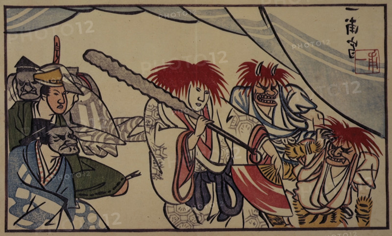 A man being caught while stealing flowers for his lover, 1803. All the characters wear masks as they would appear in a 'kyogen' farce. From 'Tokai-jo' (The Album of the Capital). [Kyoto, 1803].
